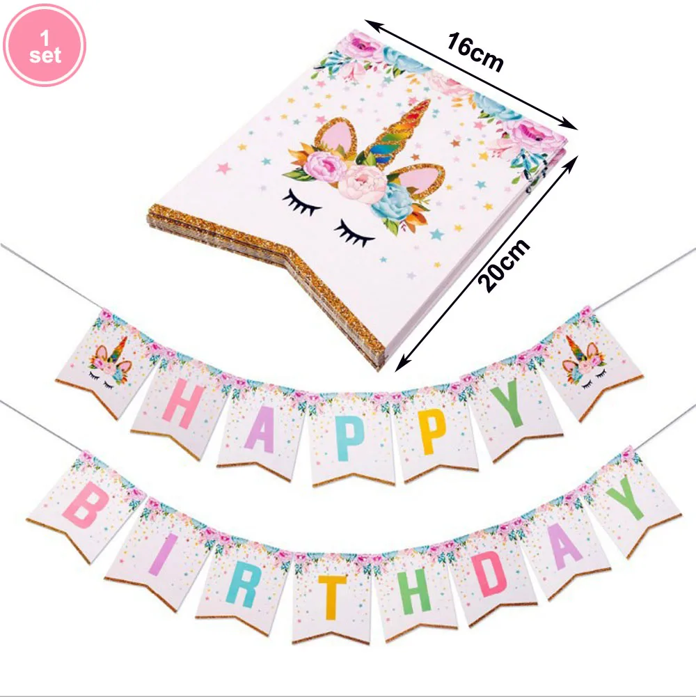 

1set Pink Gillter Unicorn Banner Birthday Party Decors Paper Garland Happy Birthday Decorations Kids Party Supplies