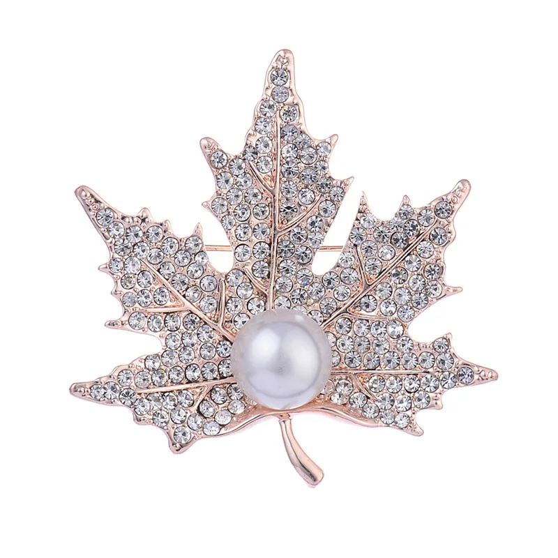 Женская брошь в виде кленового листа золотистая с искусственным жемчугом лето