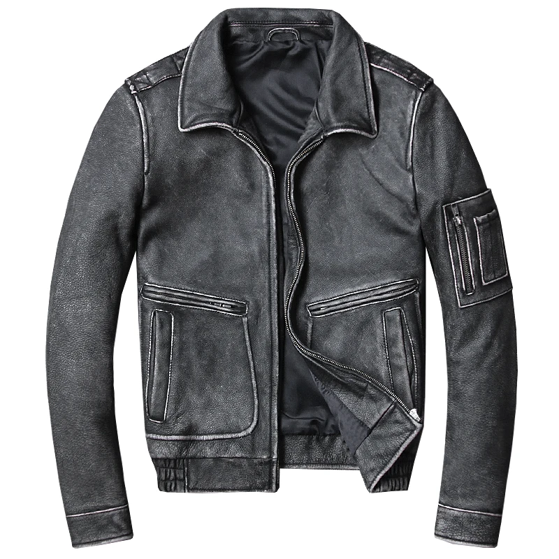 Мужская короткая байкерская куртка из натуральной воловьей кожи в винтажном