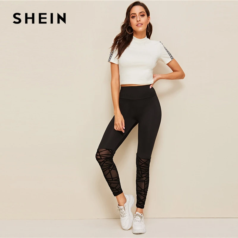 SHEIN модные обтягивающие леггинсы с сетчатым подолом, черные эластичные женские леггинсы для тренировок, повседневные леггинсы с контрастной сеткой