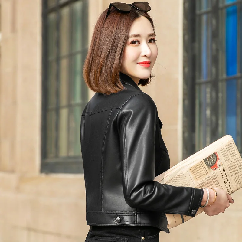 

SWREDMI Casual Women Leather Jacket Spring And Autumn Outerwear Black Leather Clothing XS-2XL England Style Leather Coat Gilrs