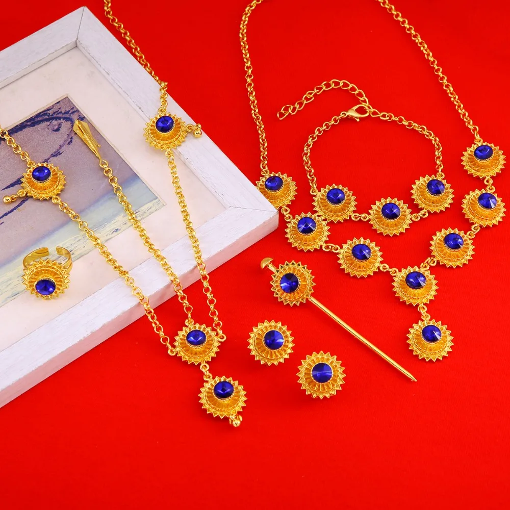 Ethiopian African Wedding New Cross Necklace Earrings Ring Bracelet Hairpin Hair Chain Accessory Jewelry Sets | Украшения и