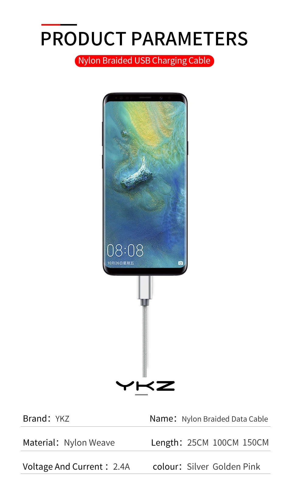 YKZ Type C Cable Fast Charging USB C Cable for Xiaomi Samsung S9 Type-C Mobile Phone Charge Data Wire for Huawei Oneplus 6t AG