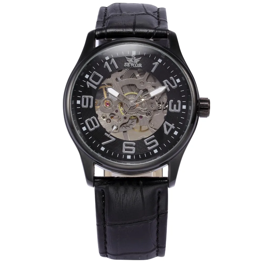 SEWOR Топ Бренд Скелет часы мужские прозрачные черные кожаные Наручные Мужские