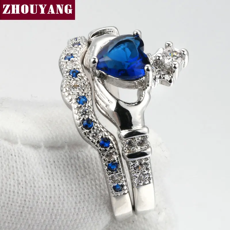 Холдинг Создан Blue Crystal любовь Сердце Цирконий Корона Обручальное Кольцо Наборы Серебристый Цвет Синий Кристалл ZYR616