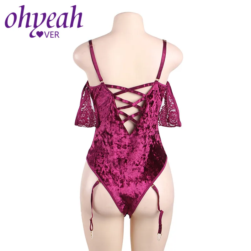 Женское боди с открытыми плечами Ohyeahlover бархатное Сетчатое кружевами и рукавами