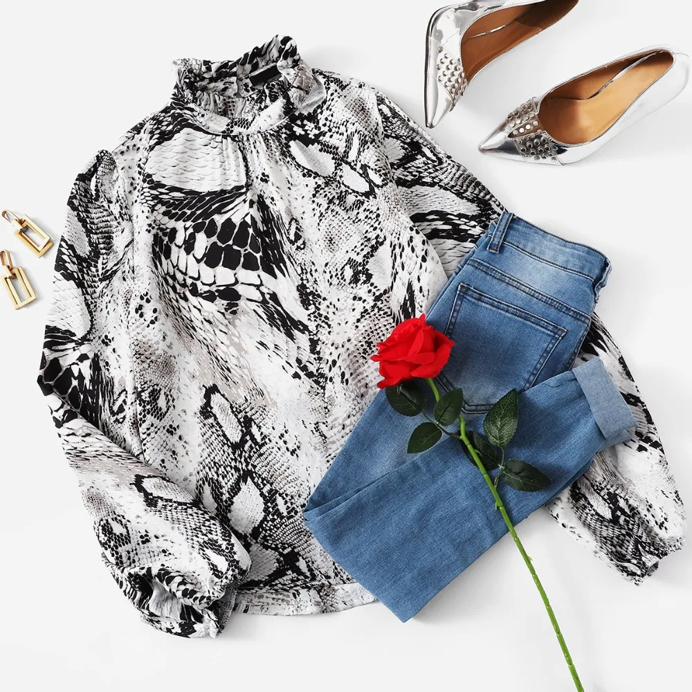 SHEIN Блуза С Животным Принтом Змеи, Блуза С Длинным Рукавом И Высоким Воротником, Блуза С Модным Принтом