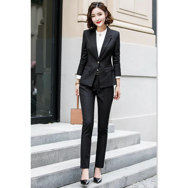 black pant suit Юбка костюм офисная одежда 4XL плюс размер 2 шт комплект синяя полосатая куртка юбка костюм интервью хост Карьера Леди Рабочий костюм 622 - Цвет: black pant suit