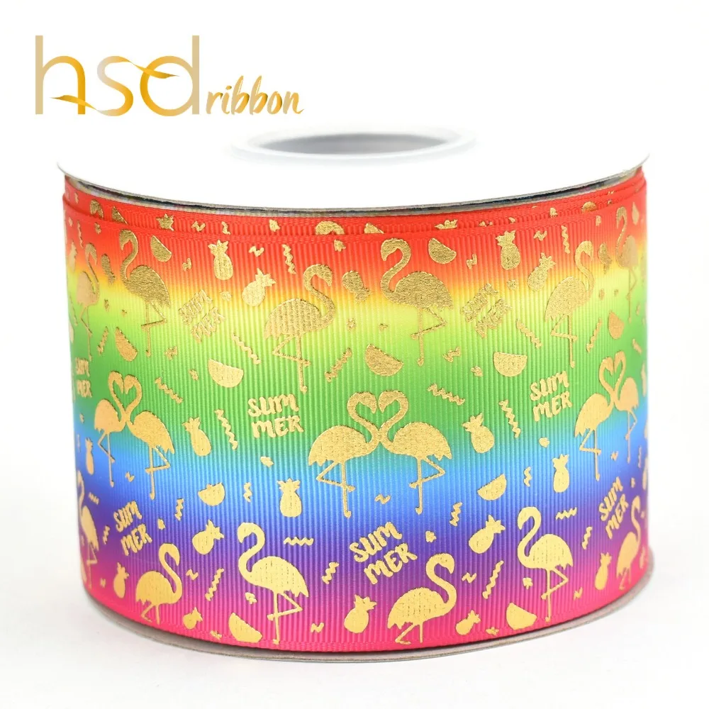 HSDRibbon 3 inch 75mm gold foil custom printed flamingo grosgrain ribbon | Дом и сад