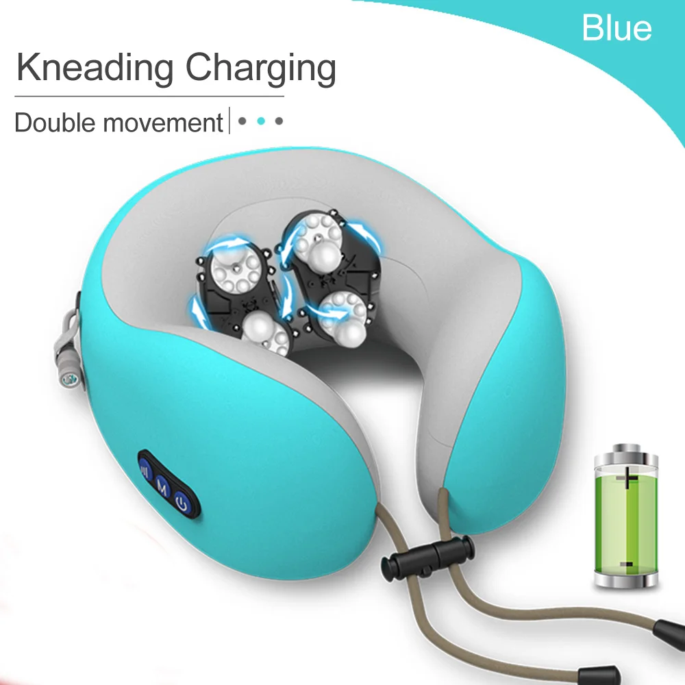 Blue-Double-Knead JINSERTA, электрический массажный подголовник, подушка для путешествий, u-образная Подушка, терапия, подушка для шеи, массажер для дома, офиса, отдыха - Цвет: Blue-Double-Knead