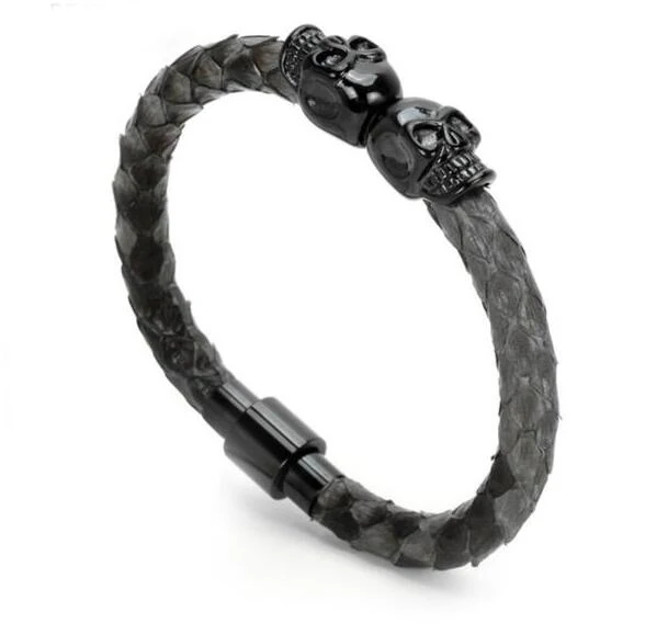Мужские синие браслеты из кожи питона со стальным черепом и магнитом Брендовые