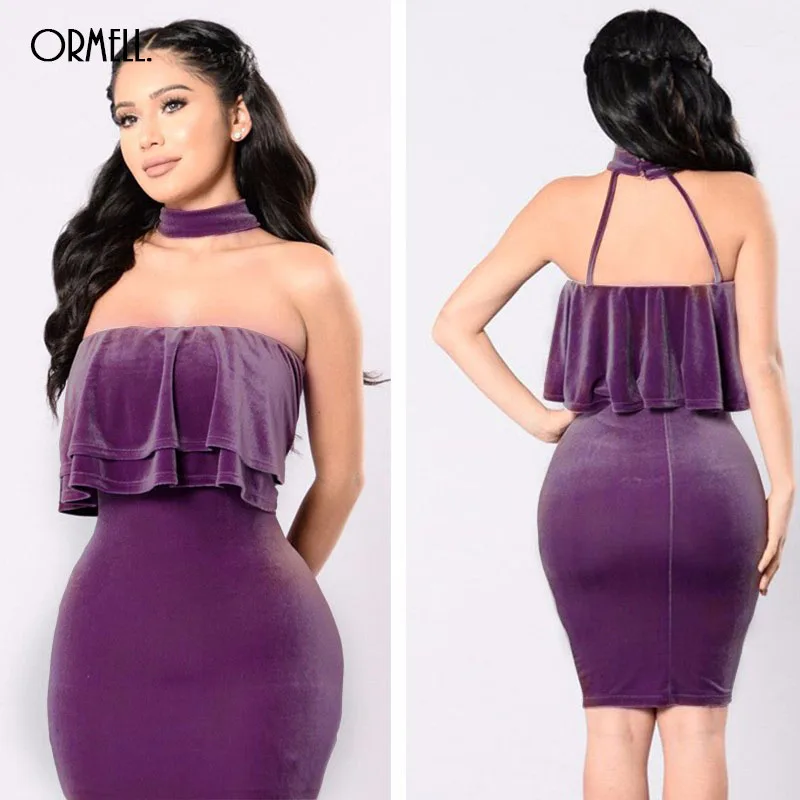 Ormell бархат с открытыми плечами Bodycon платье Раффлед Элегантный плеча короткое