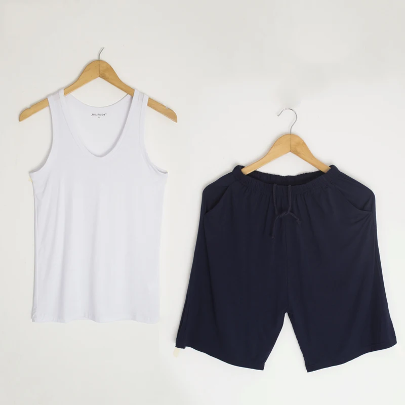white navy SusanDick Летние пижамы Для мужчин мягкий модал сна жилет шорты Комплект Высокое качество Для мужчин s без рукавов толстовка бак сексуальные пижамы Pijama - Цвет: white navy