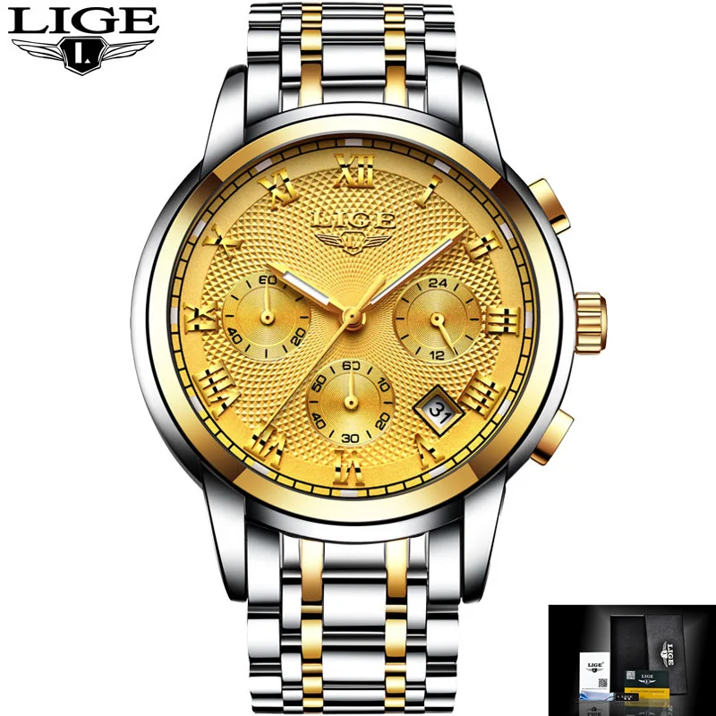 All gold S LIGE новые часы Мужские люксовый бренд хронограф мужские спортивные часы водонепроницаемые полностью Стальные кварцевые мужские часы Relogio Masculino - Цвет: All gold S