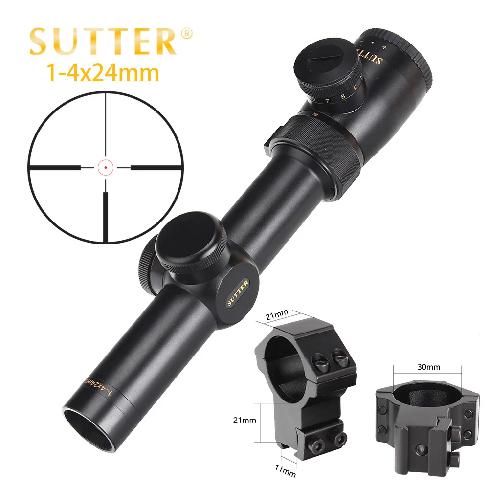 with Dovetail Rings SUTTER 1-4X24 компактные охотничьи оптические прицелы R12 или R29 стеклянная сетка красный осветительный прицел башенки сброс тактический прицел - Цвет: with Dovetail Rings