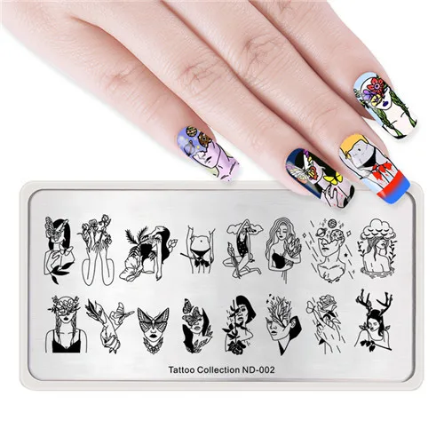 Tattoo ND002 NICOLE дневник ногтей штамповка изображения Плиты типографии татуировки природы животных Дизайн ногтей штамп шаблон трафаретные гвозди инструмент - Цвет: Tattoo ND002