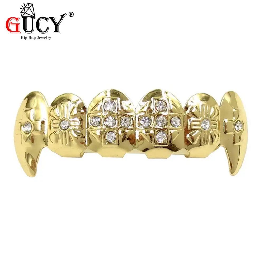 Gold Top GUCY золото Цвет покрытием льдом CZ зубы GRILLZ шапки крест верхней и нижней зуб шапки хип-хоп Bling грили комплект Рождественский подарок - Окраска металла: Gold Top
