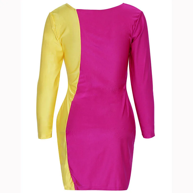 

Yellow Rose Patchwork Bodycon Dress Women Above Knee Long Sleeve Dress Sheath Silm Front Zippers Club Elegant Dresses
