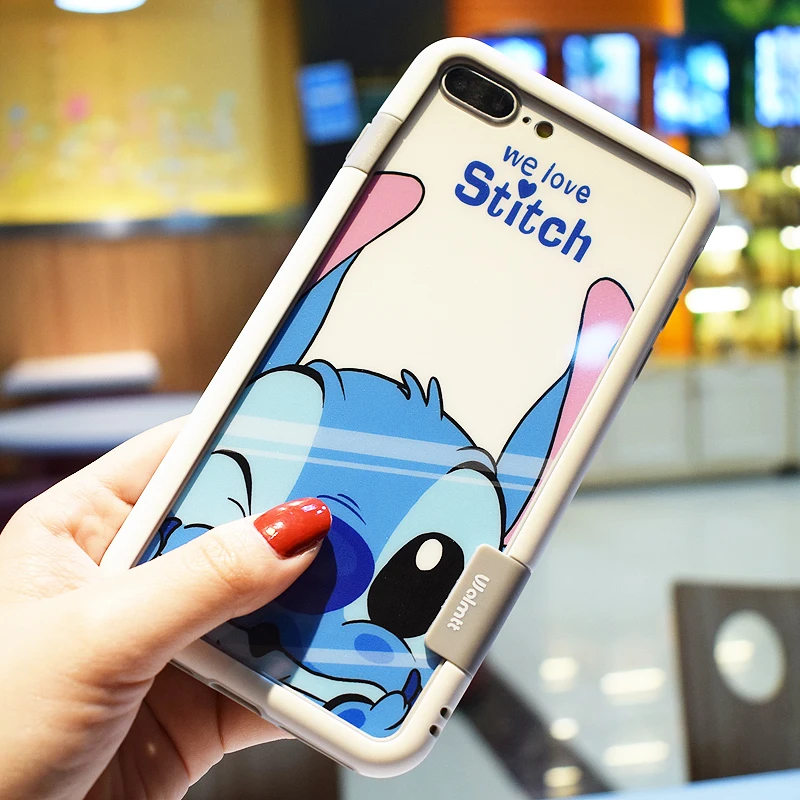 For iphone 8 8plus Cute stitch glass flim + soft bumper for iPhone X 7 7plus 6 6S 6sPlus Cartoon F&ampB |