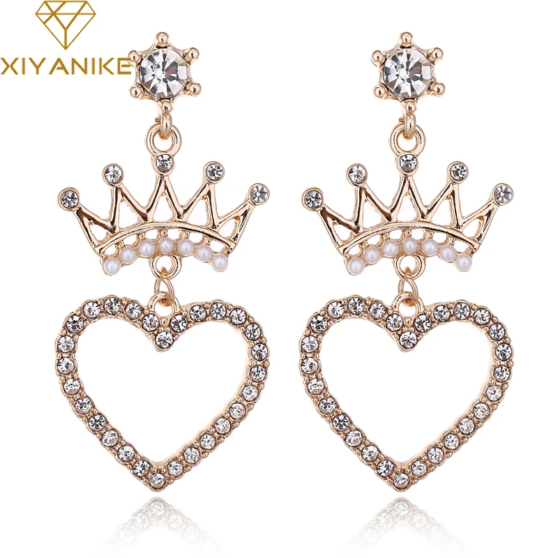XIYANIKE новые большие очаровательные Стразы ЛЮБОВЬ сердце Корона Висячие серьги