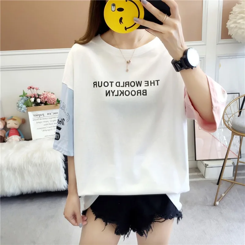 2019 женские футболки Япония панк Kawaii Ulzzang Лето свободные буквы печать кольцо