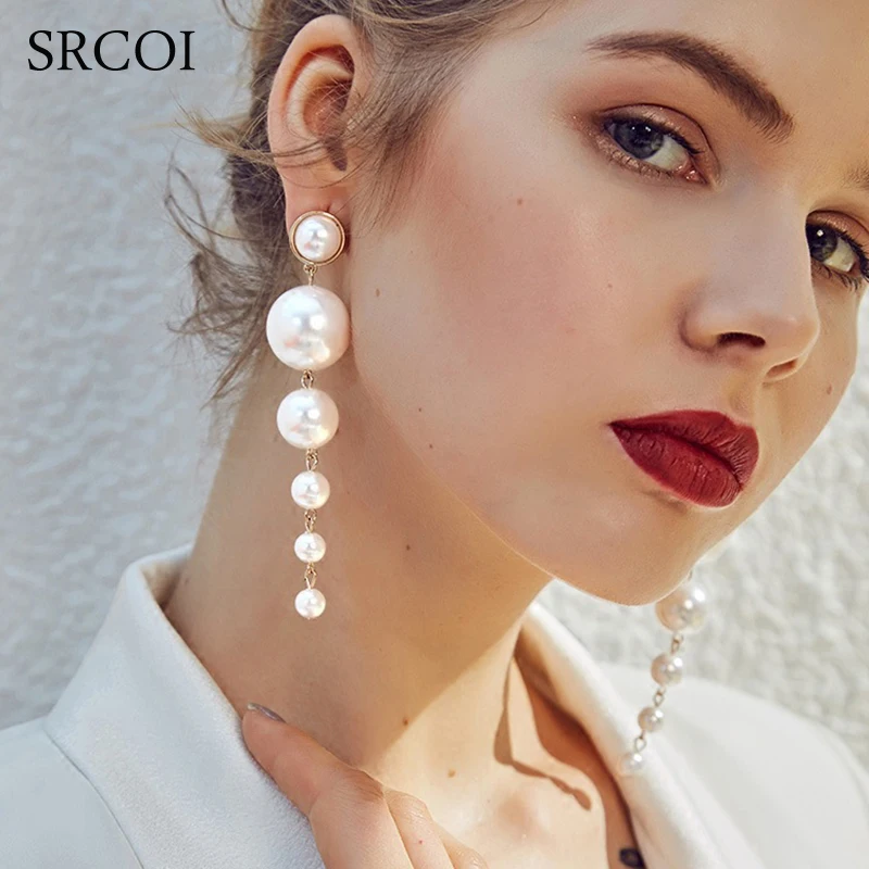 Модные элегантные большие длинные серьги SRCOI с искусственным жемчугом эффектные