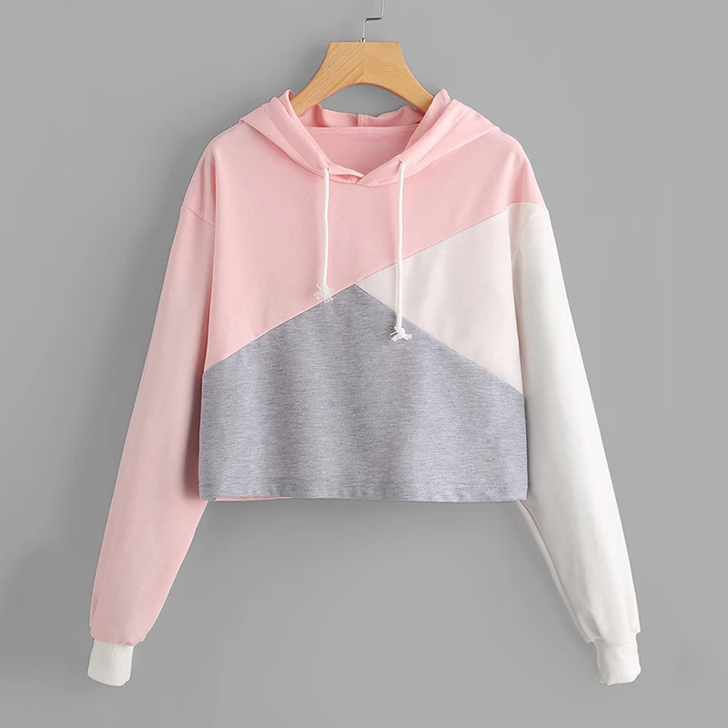 Bigsweety Для женщин Drawstring с капюшоном Harjuku Цвет блока длинным рукавом Толстовка