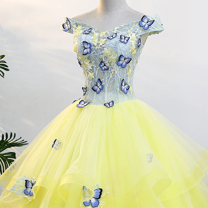 He's Bride Butterfly Boat Neck Lace Up Back Floor-Length Ball Gown Tulle Yellow Wedding Dresses Custom Party Vestido De Noiva | Свадьбы и