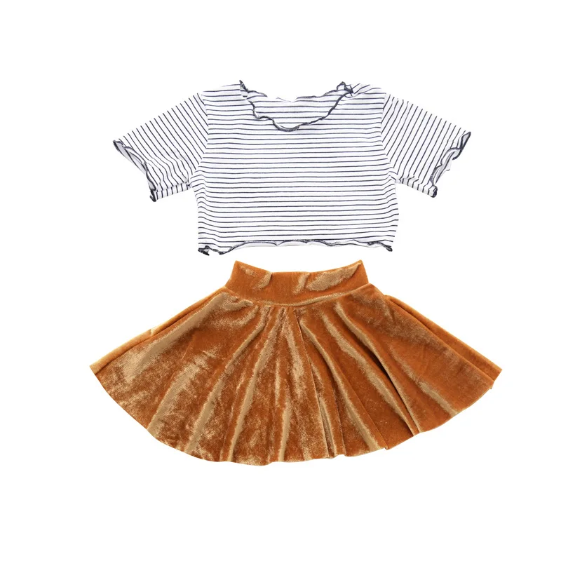 

Spring Summer Baby Girl Striped Cotton Short-Sleeved T-Shirt +Gold Velvet Skirt Fashion Set For 1-4 Years