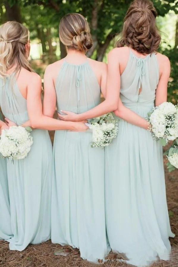 Элегантное Зеленое Шифоновое платье подружки невесты с лямкой на шее длинное в