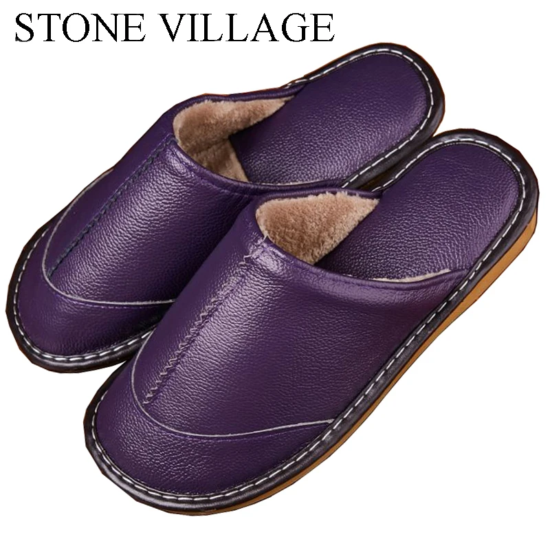 Сезон осень-зима Нескользящие домашние тапочки из натуральной кожи для всей