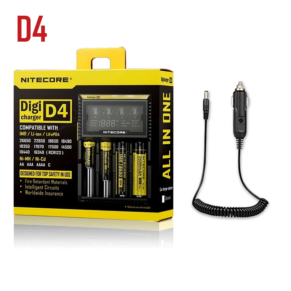 D4 with car charger Фирменное зарядное устройство Nitecore D2 D4 Digi с ЖК-дисплеем, интеллектуальная схема Li-Ion для 26650 18650 18350 16340 14500 10440, автомобильное зарядное устройство - Цвет: D4 with car charger