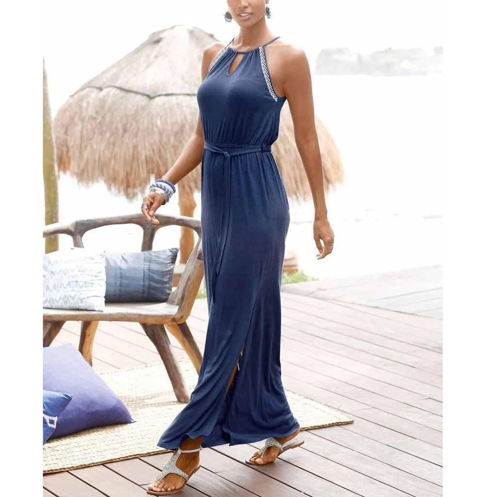 Женские свободные летние пляжные лоскутное длинное платье с открытой спиной