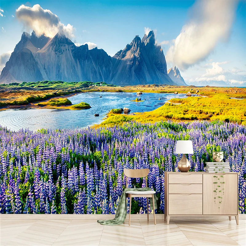 

Custom any size 3D wall mural wallpapers Modern fashion Alpine, flowing water, lavender Wall sticker YBZ063