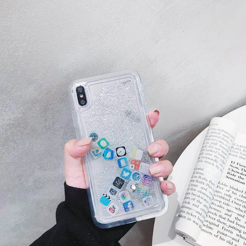 Чехол KISS с динамической жидкостью, Жесткий Чехол из поликарбоната для iPhone X, XS, MAX, XR, чехол с зыбучим песком для iPhone 116, 7, 8 plus, милый прозрачный чехол с изображением приложений
