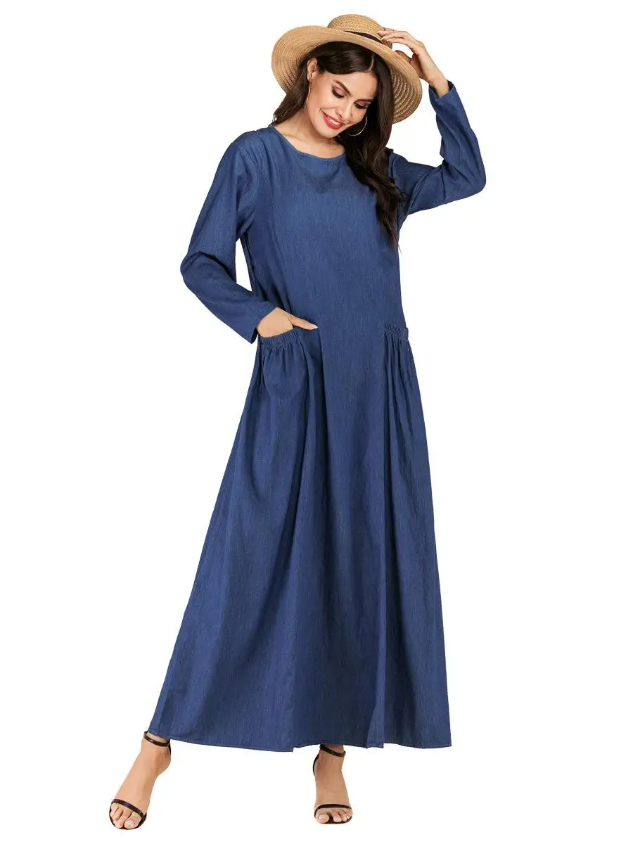 Новые женские мусульманские Длинные платья Abaya джинсовый кафтан халат с