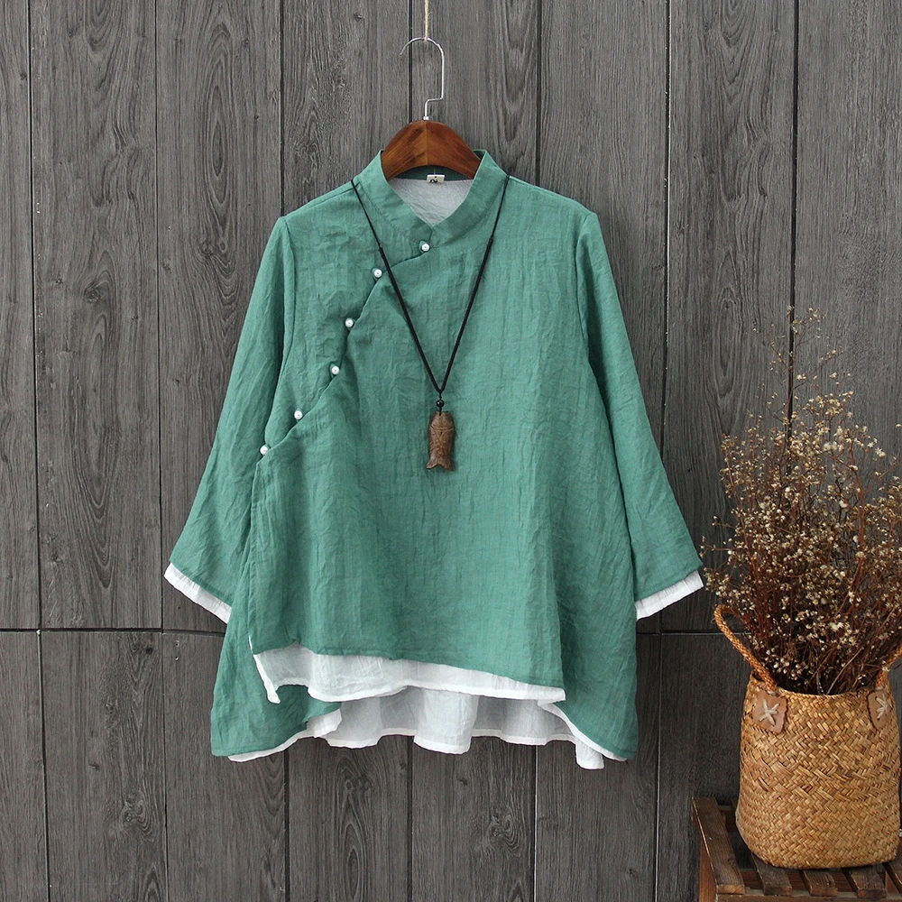 6 цветов, Национальный стиль, два слоя, стоячий воротник, жемчуг, косая кнопка, хлопок, лен, рубашки для женщин, винтажные, оригинальные, весенние блузки - Цвет: Темно-зеленый