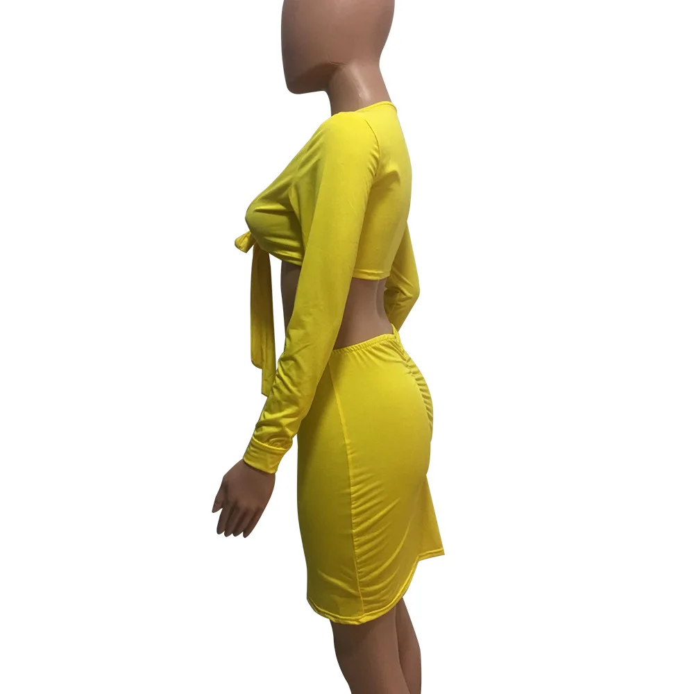 С длинным рукавом V Средства ухода за кожей шеи топ с Bodycon Юбки для женщин Для