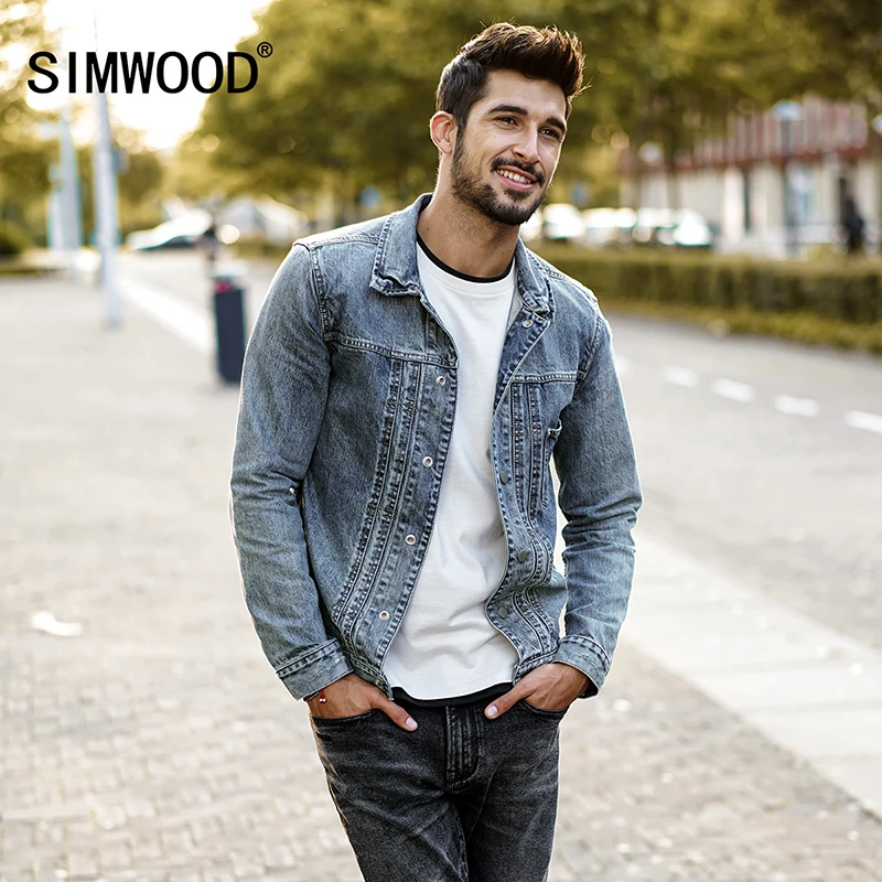 Мужская джинсовая куртка SIMWOOD винтажная Облегающая с потертостями верхняя