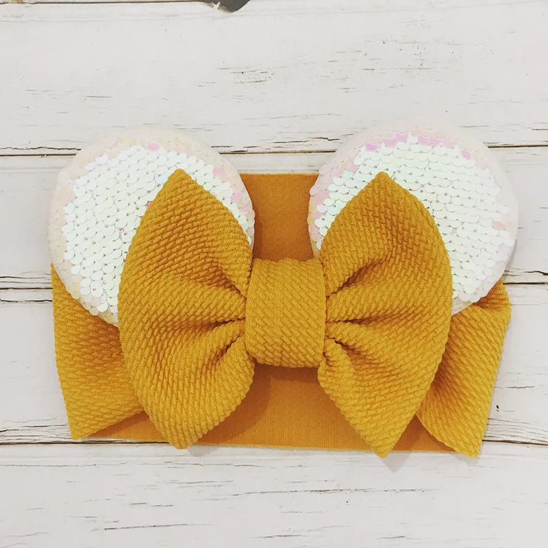 Baby Headband Yellow Детская повязка на голову, уши Минни Маус, детские повязки на голову для девочек, Diadema Bebe Recien Nacido, большие нейлоновые Детские Луки, Детская резинка для волос, тюрбан - Цвет: Baby Headband Yellow