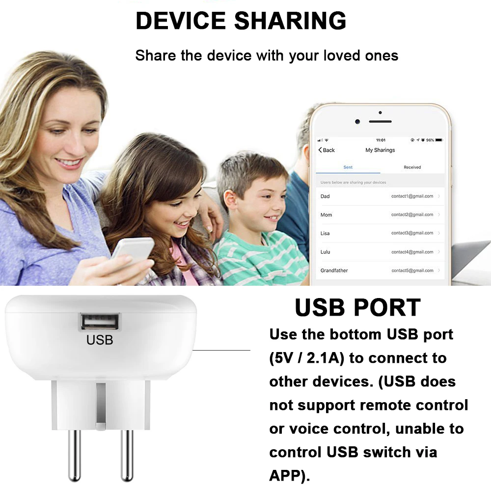 Умная штепсельная вилка EU USB Wifi розетка с дистанционным голосовым управлением
