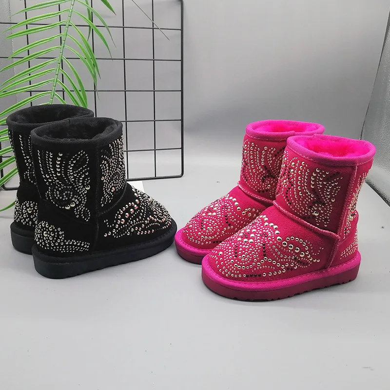 Замшевые кожаные меховые зимние ботинки принцессы Детские снегоступы со
