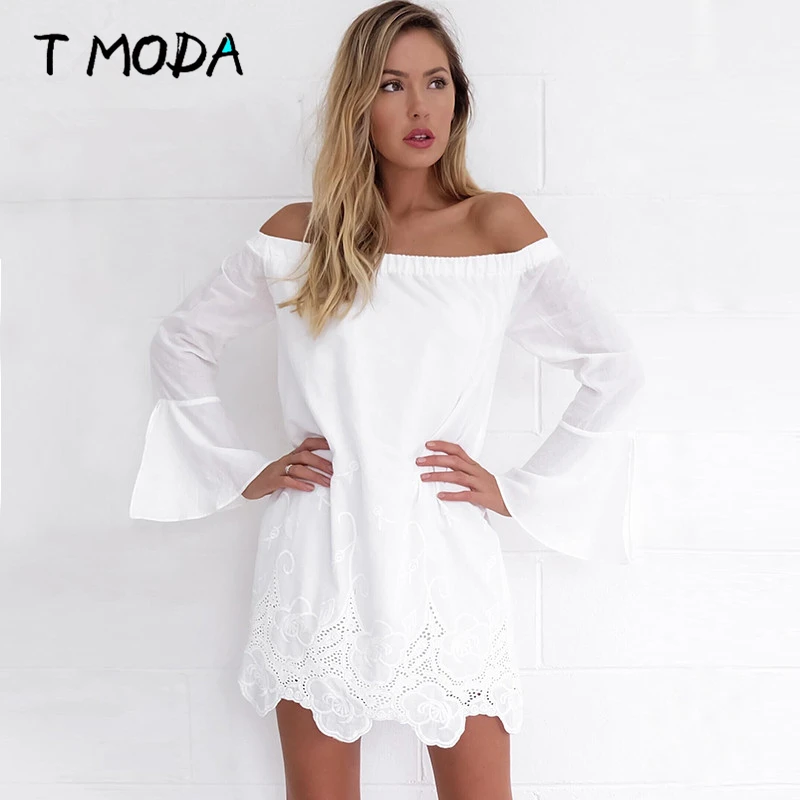 T Moda 2017 элегантный белый расклешенными рукавами платье Женская сексуальность с