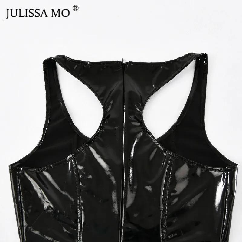 Julissa mo искусственная Кожаные модельные туфли Для женщин и сексуальными тоненькими лямками, облегающее летнее платье без рукавов розового цвета Клубные вечерние платье с коротким рукавом Vestidos