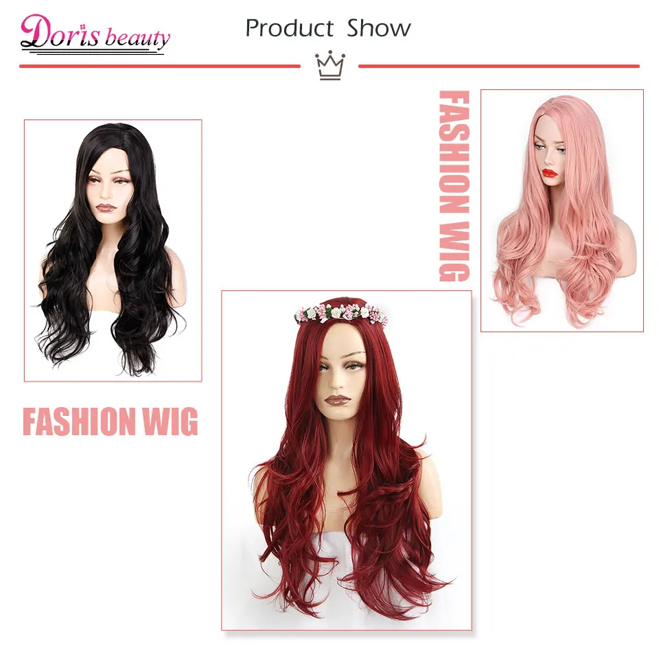 Doris beauty, синтетический длинный волнистый парик, боковая часть, косплей, красные волосы для женщин, черные, розовые, волнистые, для девушек, натуральные, термостойкие волокна