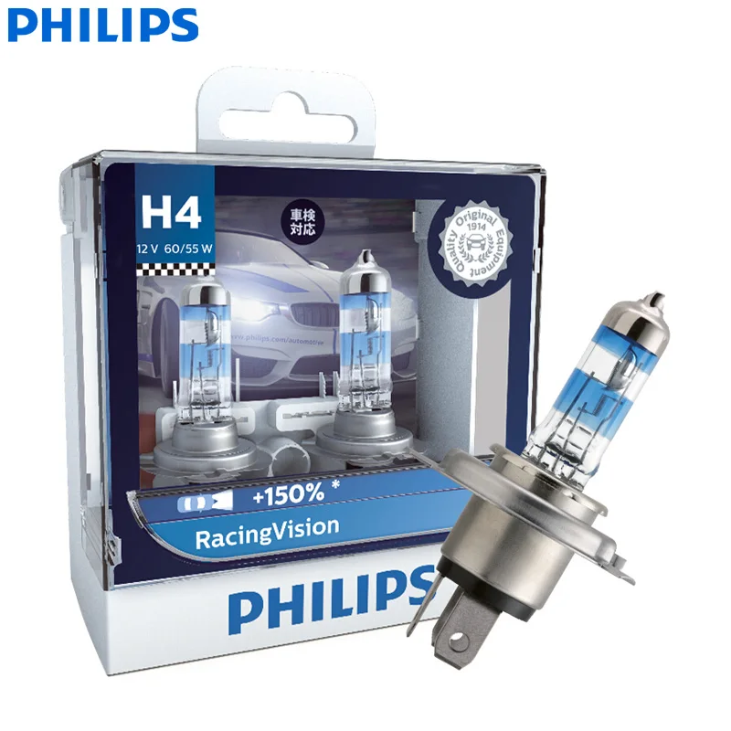 Philips Racing Vision H4 H7 9003 HB2 12 В+ 150% более яркий светильник, авто галогенный головной светильник HL луч ECE автомобильные лампы(двойная упаковка