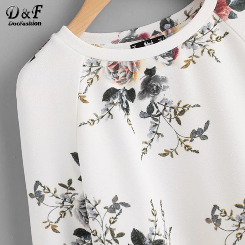 Dotfashion Блузка-туника с рукавом реглан и оборками с глубоким подолом, белый топ с круглым вырезом и цветочным принтом, женская блузка с длинным рукавом