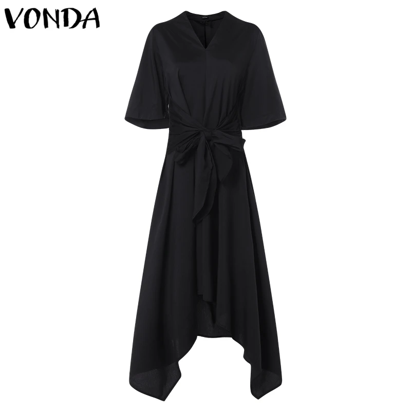 Black VONDA летнее платье женское винтажное сексуальное Ассиметричное платье с v-образным вырезом и высокой талией длинное платье макси размера плюс OL сарафан вечерние платья - Цвет: Black