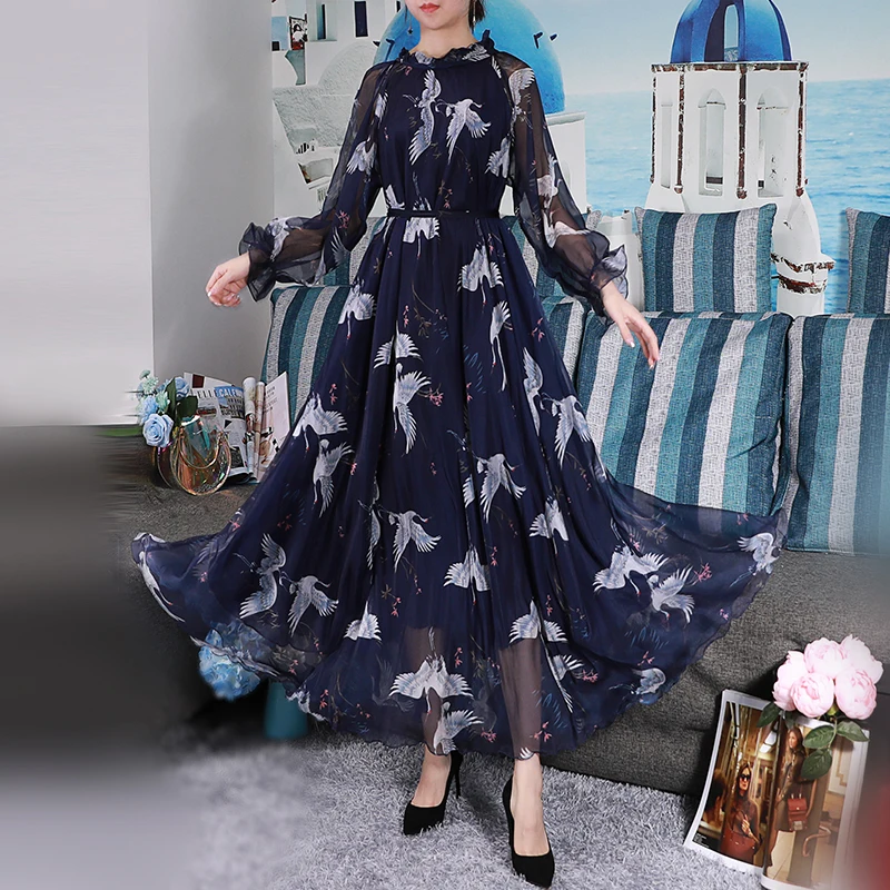 Ruffle collar vintage Printed Long Sleeve Runway High quality womens Maxi Dress Holiday Beach Plus Sizes flowy dress | Женская одежда
