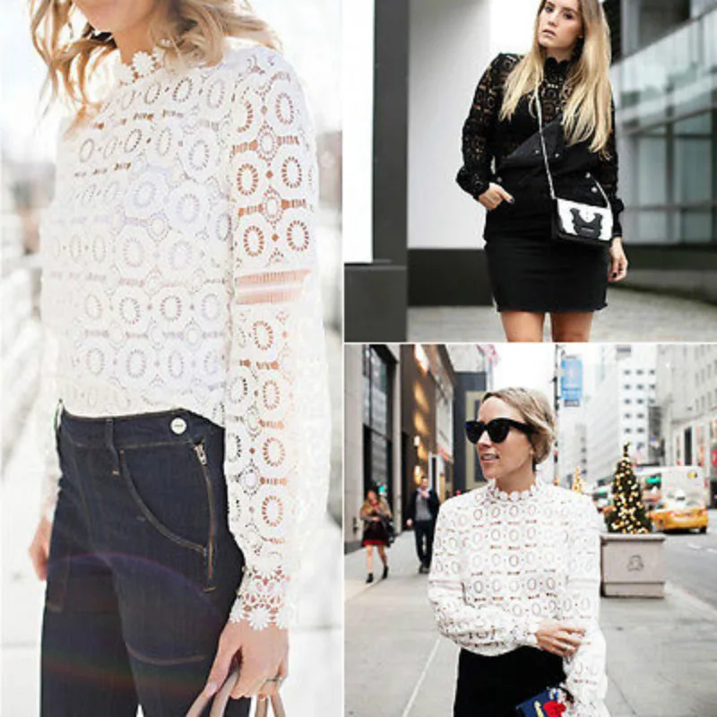 Модная женская кружевная блузка с цветочным узором вязанная крючком длинным
